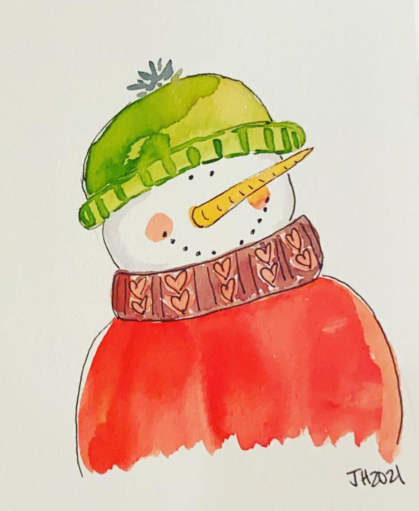 Snowman in green hat and red sweater